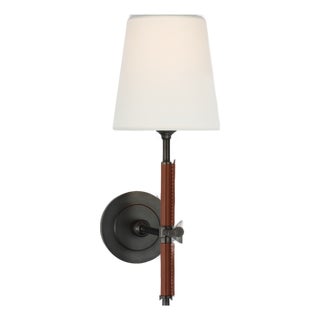 Thomas O'Brien for Visual Comfort Signature Bryant Wrapped Sconce in Bronze and Saddle Leather with Linen Shade For Sale