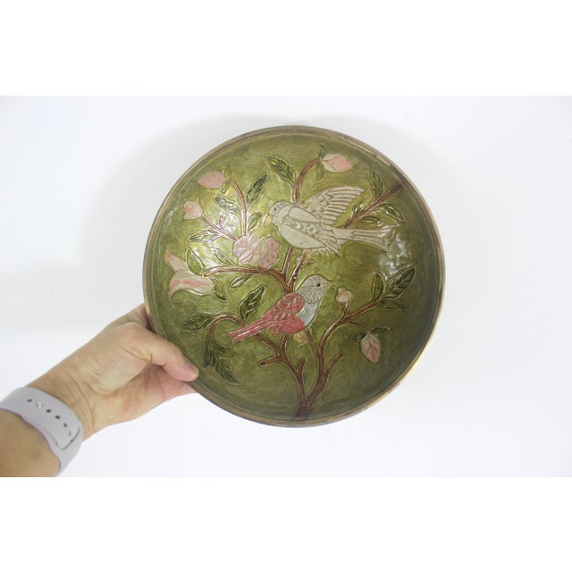 Indian Vintage Enamelled Brass Pedestal Bowl Hand Painted Enamel Birds and Flowers Green Pink For Sale - Image 3 of 13