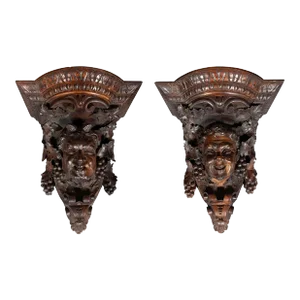 Pair of Renaissance Revival Carved Walnut Wall Brackets by Luigi Frullini