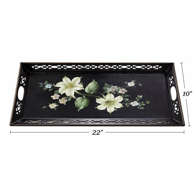 Mid Century Toleware Floral Tray Bar Cart Sever Black Oblong For Sale - Image 4 of 15
