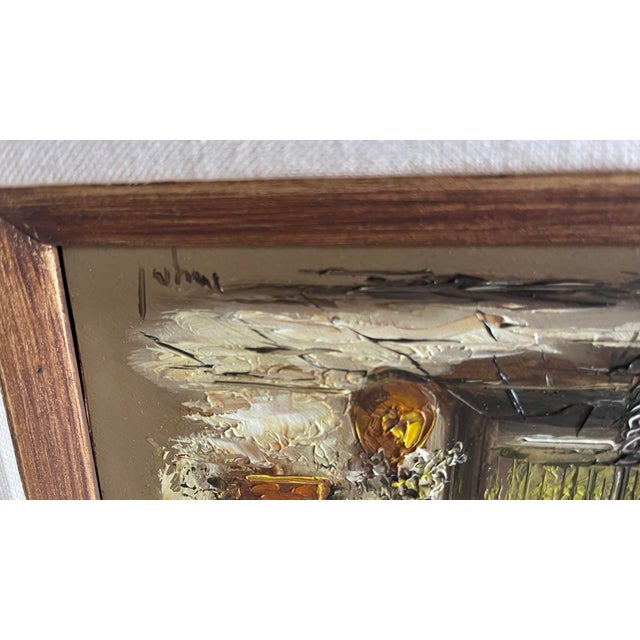 A textural, richly-toned vintage oil painting rendered entirely with a palette knife, capturing a shadowed hacienda...
