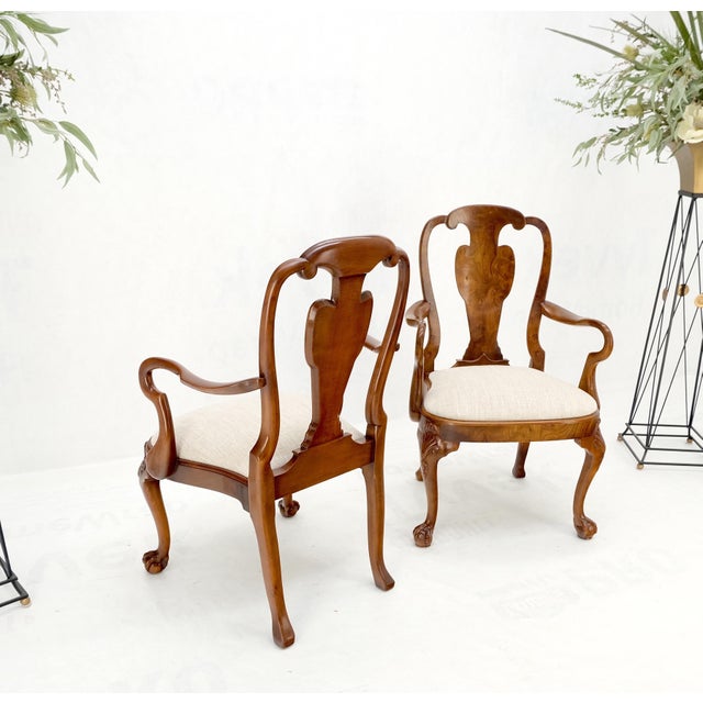Pair of Carved Burl Wood New Oatmeal Linen Upholstery Armchairs Mint! For Sale - Image 9 of 16