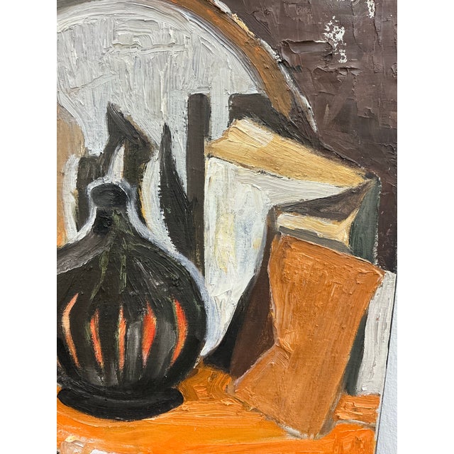 Orange Midcentury Cubist Still Life Painting For Sale - Image 8 of 12