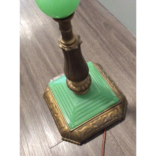 Antique 1920 - 1930 Art Deco Jadeite Cast Iron Floor Lamp With Shade For Sale - Image 11 of 13