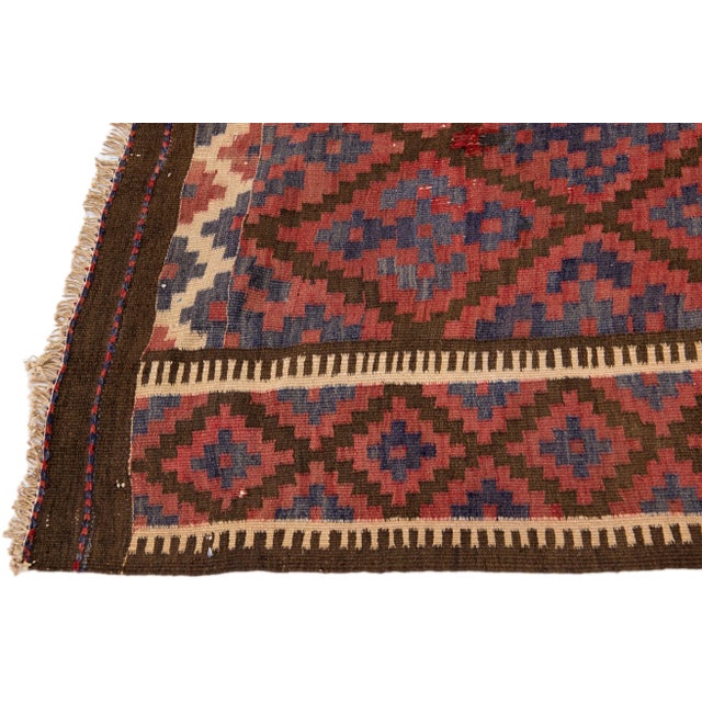 Mid-20th Century Turkish Kilim Blue Handmade Tribal Wool Runner For Sale - Image 4 of 10