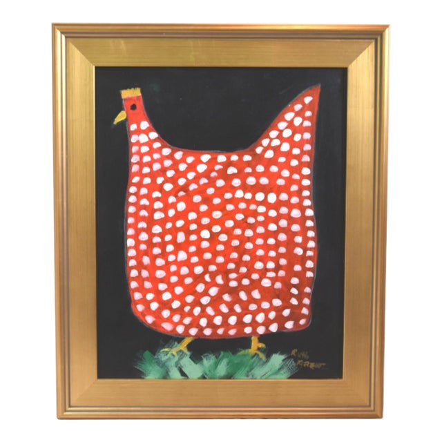 Red & White Spotted Folk Art Chicken Hen Painting by Ruth Arenz Including the Antiqued Gold Wood Frame For Sale