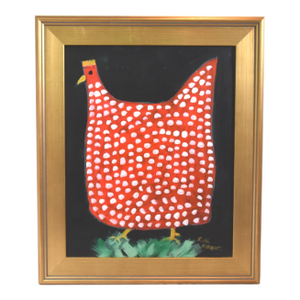 Red & White Spotted Folk Art Chicken Hen Painting by Ruth Arenz Including the Antiqued Gold Wood Frame