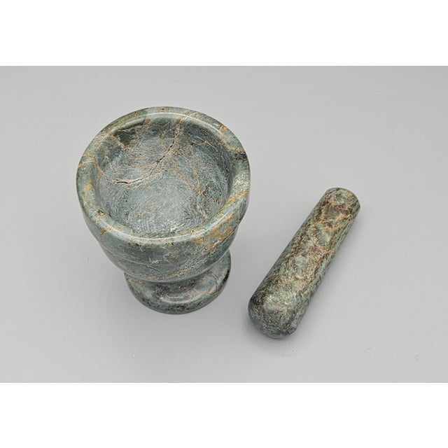 Vintage Mid-century Modern hand carved green polished solid marble mortar and pestle Made in Mexico