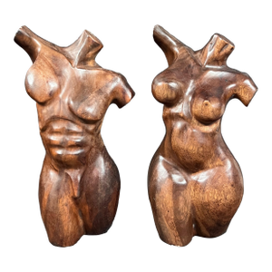 Pair of Vintage Carved Solid Wood Female and Male Torso Sculpture