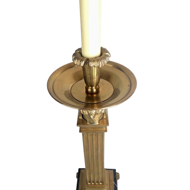 1991 Neoclassical Solid Brass & Black Marble Column Table Lamp by Chapman W/ Frederick Cooper Paisley Damask Shade - 35" For Sale - Image 11 of 17