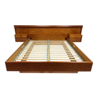 Mid Century Queen Teak Bed, Headboard & Nightstands by Dyrlund From Denmark For Sale