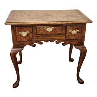 Vintage Baker Furniture Queen Anne Style Bookmatched Burled Walnut Veneer Lowboy For Sale