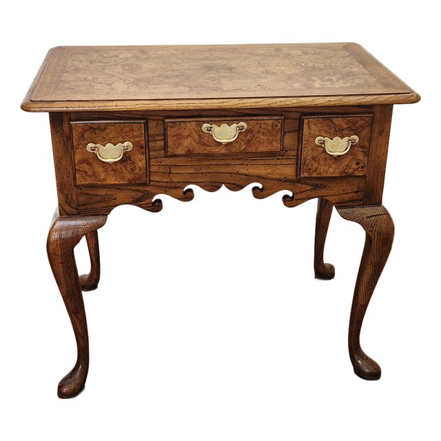 Vintage Baker Furniture Queen Anne Style Bookmatched Burled Walnut Veneer Lowboy For Sale