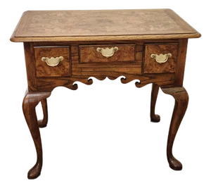 Vintage Baker Furniture Queen Anne Style Bookmatched Burled Walnut Veneer Lowboy