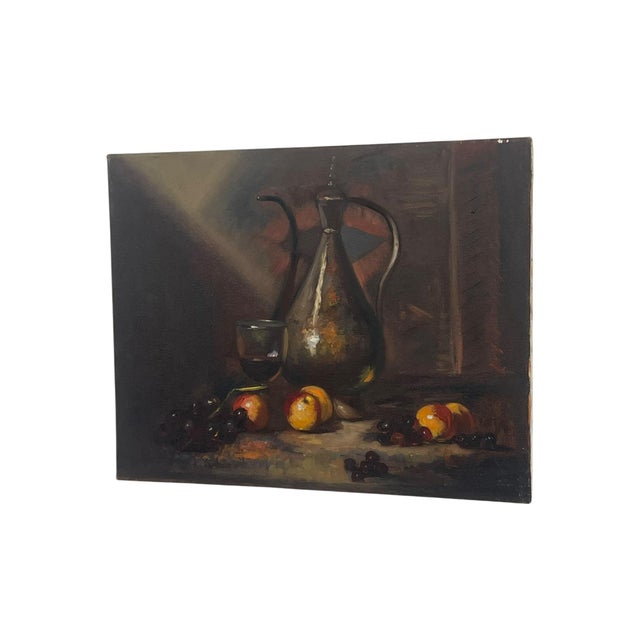 1970s Vintage Still Life Oil Painting With Fruit and Wine Goblet on Canvas For Sale - Image 5 of 10