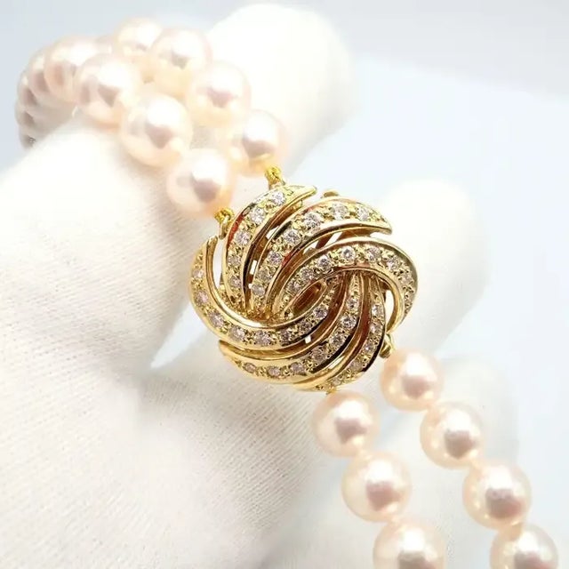 Metal 1990s Mikimoto Diamond Double Strand 8mm Cultured Pearl 18k Yellow Gold Necklace For Sale - Image 7 of 12