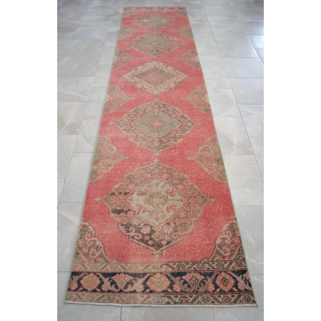 Pink Vintage Turkish Runner Rug Hand-Knotted Coral Pink Hallway Runner Authentic Oushak Rug 3x13 Ft Approx For Sale - Image 8 of 13