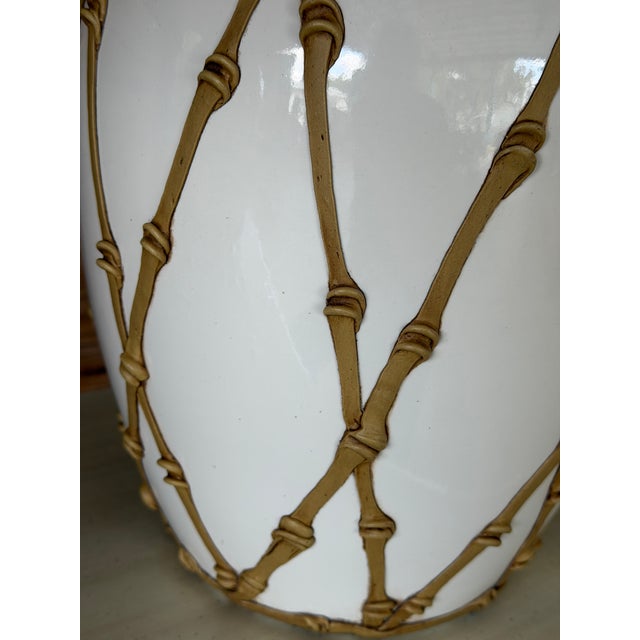 Vintage Hollywood Regency Boho Faux Bamboo “Icing” Ceramic Table Lamps With Raffia Shades - A Pair For Sale In Naples, FL - Image 6 of 12