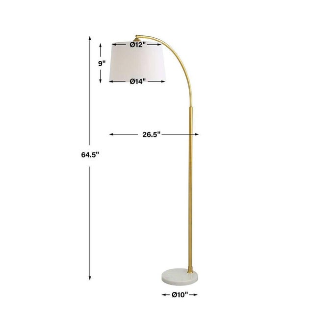 This contemporary style metal arc floor lamp is finished in gold, and is anchored with a thick white marble base. The...