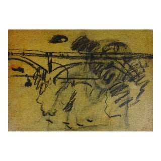 Mid 20th Century Plein Air River Bridge Study in Yellow and Black Painting For Sale