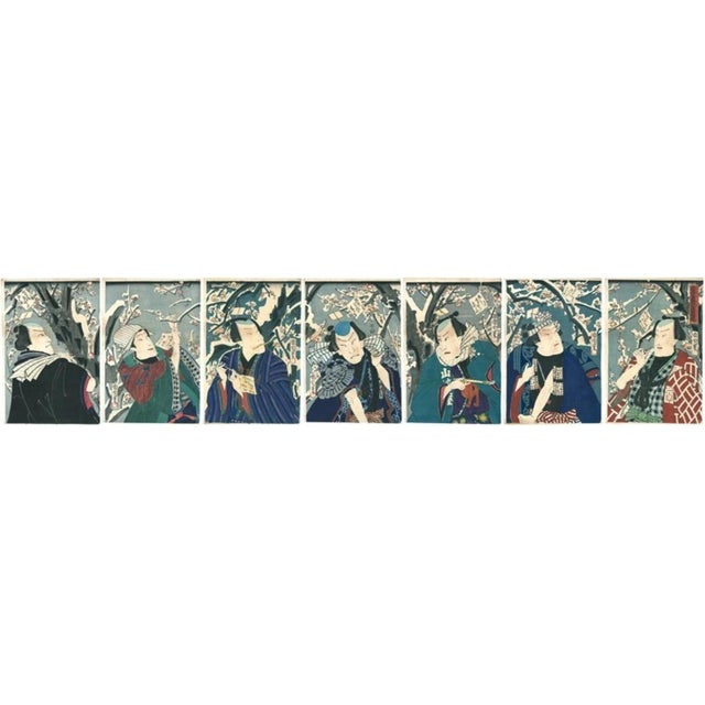 1865 Meiji Japanese Kabuki Actors Woodblock Prints Set of Seven New Year Poems Antique Samurai Signed Snowy Landscape Set of 7 For Sale - Image 16 of 16