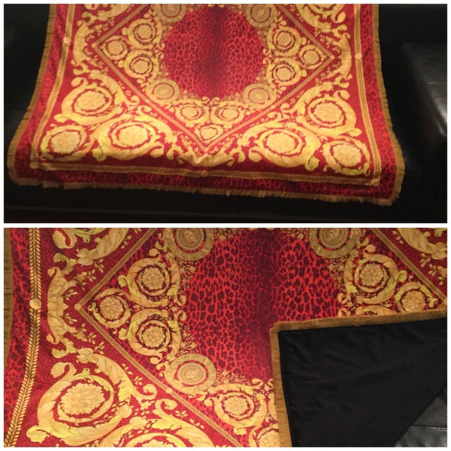 Red Gianni Versace Baroque Gold Red Velvet Throw Costom Made Large Size With Frindge and Velvet Lining 54 Inch For Sale - Image 8 of 12