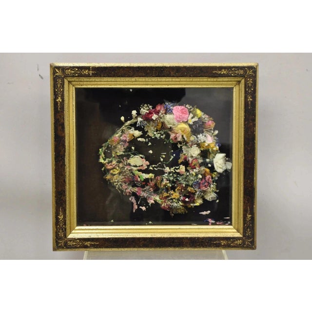 Antique Victorian Wax Flower Floral Mourning Wreath Shadow Box Frame Oddity. Circa Early 20th Century. Measurements: 21" H...