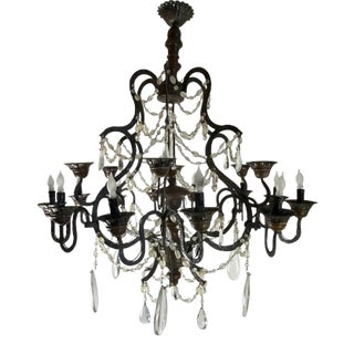 Vintage Italian Wrought Iron, Walnut and Crystal Birdcage 12-Light Chandelier For Sale