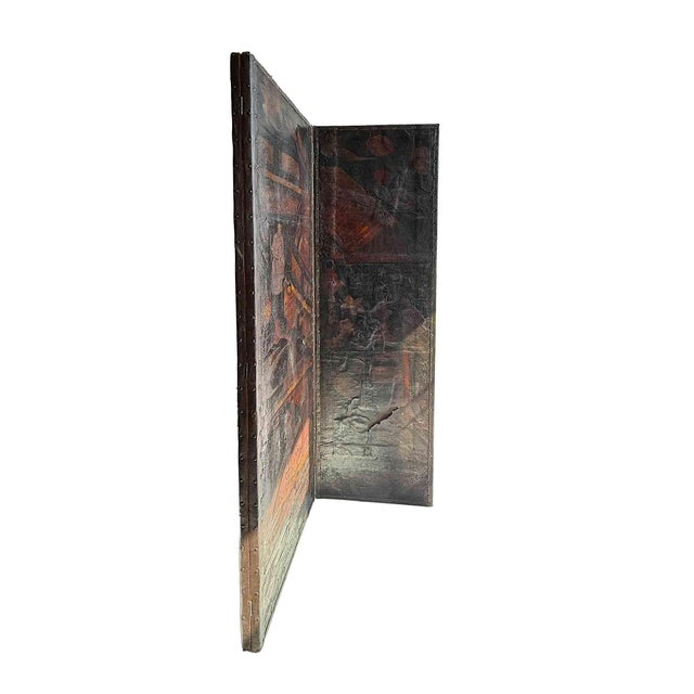 Chinoiserie Antique Distressed Chinoiserie-Decorated Painted Leather Folding Screen For Sale - Image 3 of 5