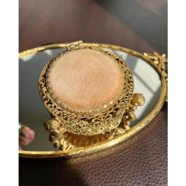 Metal Three Footed Cherub Round StyleBuilt Style Vintage Design Jewelry Casket/ Box With Pink Plush on the Top and Inside & Burgundy Red Stones Decoration For Sale - Image 7 of 11