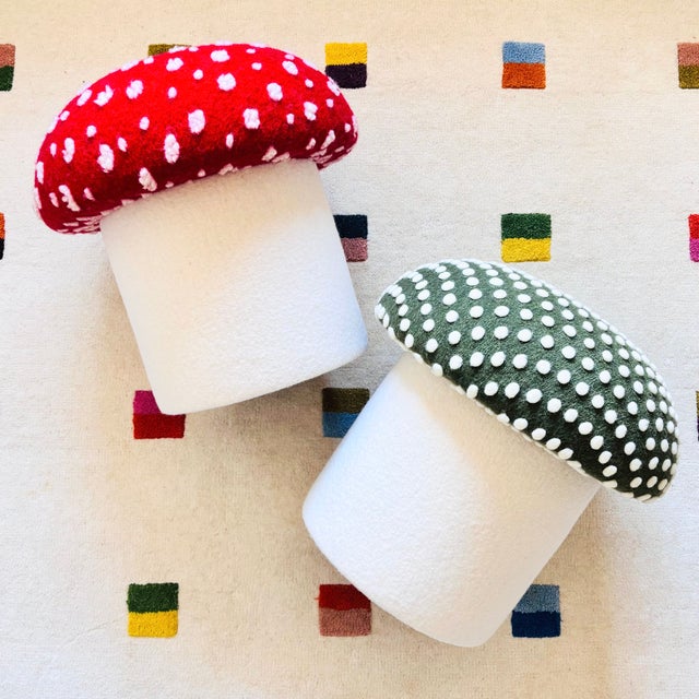 Mushroom Ottoman in Green Wool Fly Agaric For Sale - Image 4 of 11