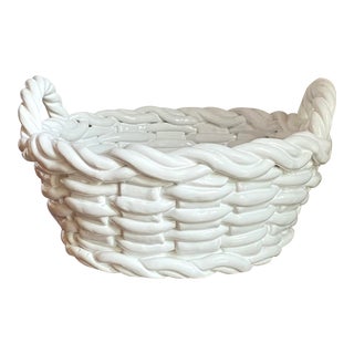 1980s Italian Ceramic Open Weave Lattice Fruit Basket For Sale