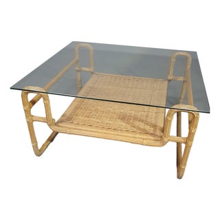 Mid-Century Pencil Split Reed and Rattan Coffee Table with Iron Frame and Glass Top For Sale