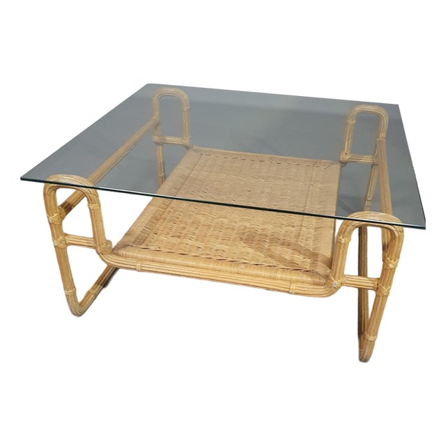 Mid-Century Pencil Split Reed and Rattan Coffee Table with Iron Frame and Glass Top For Sale