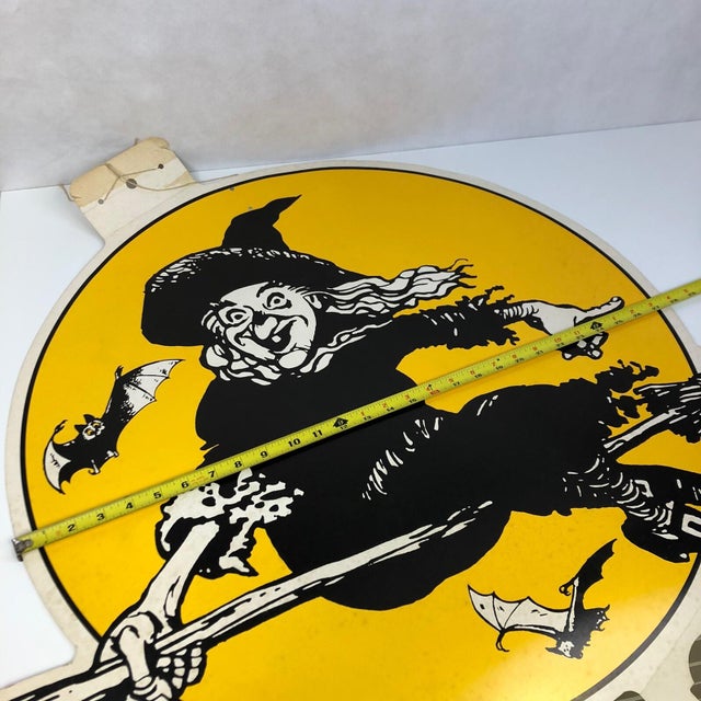 Yellow VTG 36" XL Halloween Flying Witch Cardboard Wall Decor Store Display For Sale - Image 8 of 9