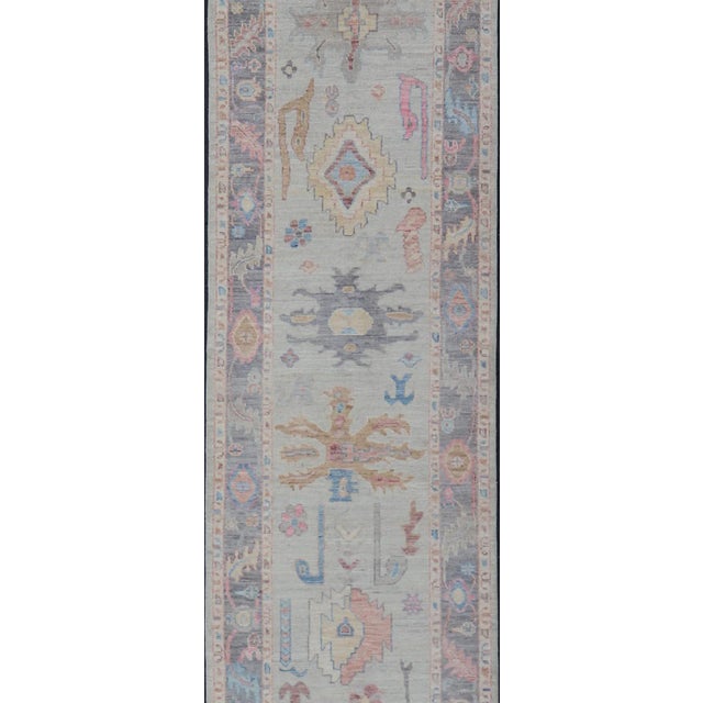 Tribal Hand-Knotted Modern Tribal Oushak Long Runner in Wool With Colorful Motifs For Sale - Image 3 of 13