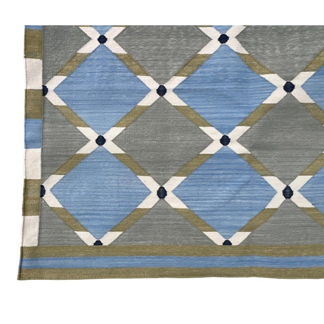Handwoven Cotton Area Rug, Grey, Sky Blue, Green and Cream Geometric Dhurrie - 6'x9' For Sale - Image 6 of 13