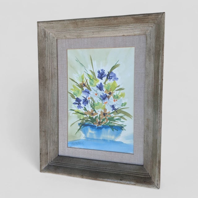 Vintage Original Still Life Flowers in a Blue Vase Botanical Watercolor Painting Signed For Sale - Image 10 of 12