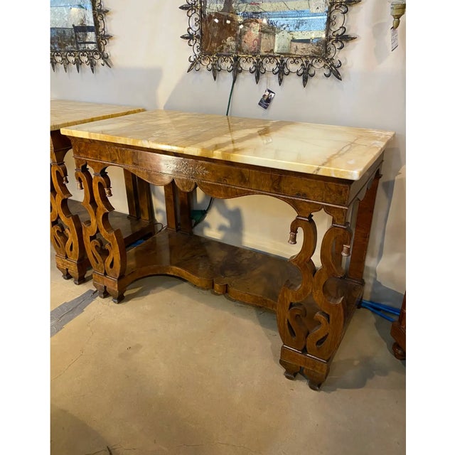 Pair of 19th Century Continental Inlaid Walnut Consoles With Yellow Onyx Tops For Sale - Image 9 of 15