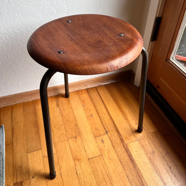 1950s Stalmobler Mid Century Danish 3 Leg Dot Stools Pair Steel Teak MCM For Sale - Image 17 of 18
