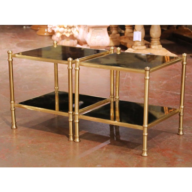 Pair of Mid-Century French Brass and Smoked Glass Two-Tier Side Tables For Sale - Image 4 of 7