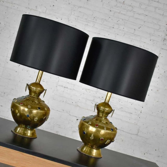 Moroccan Mid 20th Century Tibetan Brass Lamps Hand Hammered With Glass Jewel Detail & New Black Shades, a Pair For Sale - Image 3 of 14