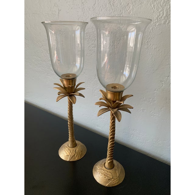 Metal Vintage Large Brass Palm Candleholders With Hurricanes- a Pair For Sale - Image 7 of 9