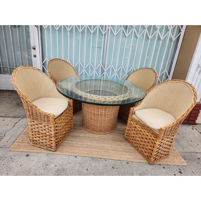 1970's Wicker Dining Table With Chairs For Sale In Los Angeles - Image 6 of 9