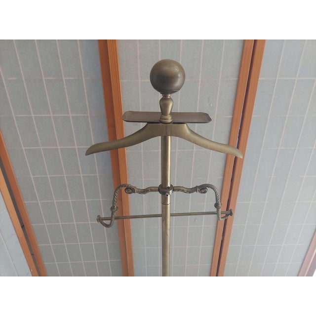 Vintage Art Deco Brass Gentleman's Valey Stand With Cannon Ball 1950's- 1960's Garment Rack. For Sale - Image 11 of 14