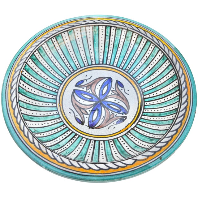 Spanish Revival Late 19th Century Large Orange & Turquoise Moorish-Patterned Ceramic Wall Plate For Sale - Image 3 of 9