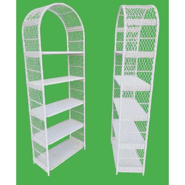 Nautical 1970s Vintage Boho Chic Arched Rattan & Wicker Bookcases Étagère- a Pair For Sale - Image 3 of 12