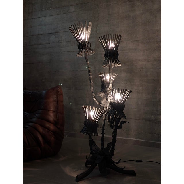 Mid-Century Modern Brutalist Thistle-Shaped 5-Light Floor Lamp in Black Wrought Iron, 1970s For Sale - Image 3 of 16