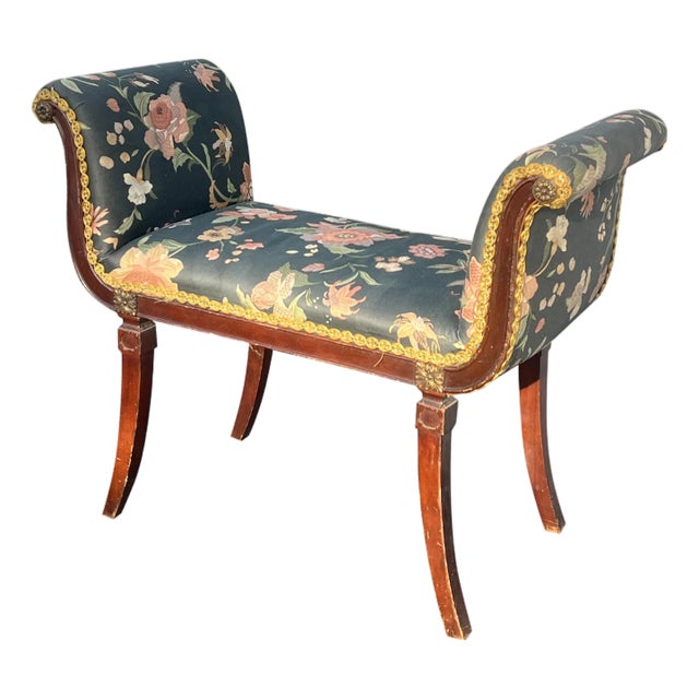 Antique Bench or Settee With Flower Print Upholstery and Mahagony Frame For Sale