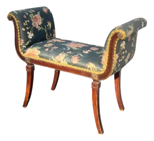 Antique Bench or Settee With Flower Print Upholstery and Mahagony Frame